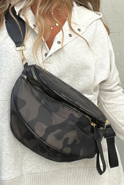 Green Camouflage Print Double Zipper Crossbody Bag