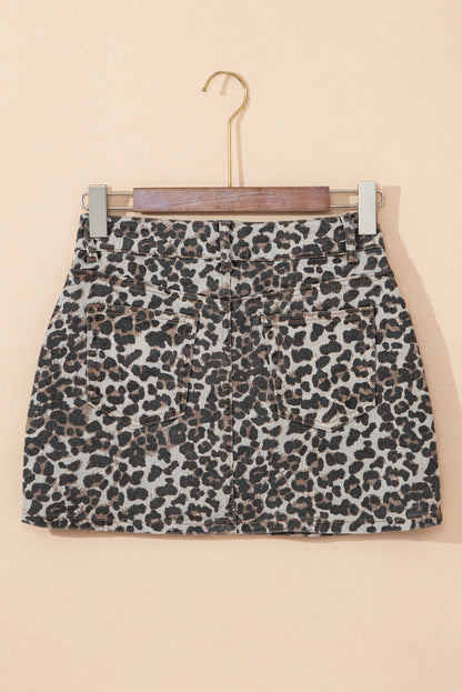 Khaki Allover Leopard Print Denim Mini Skirt