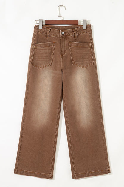 Brown Minimalist Patch Pocket High Waist Shift Jeans