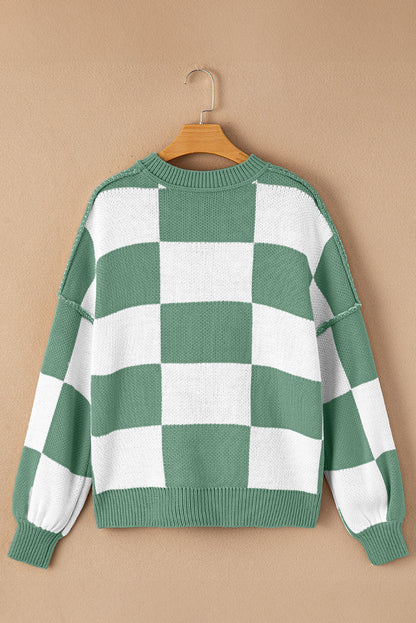 Dark Brown Plaid Bishop Sleeve Pullover Sweater