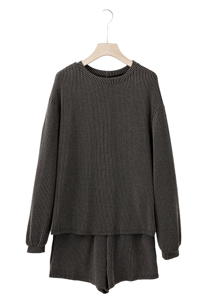 Parchment Corded Long Sleeve Top and High Waist Shorts Set