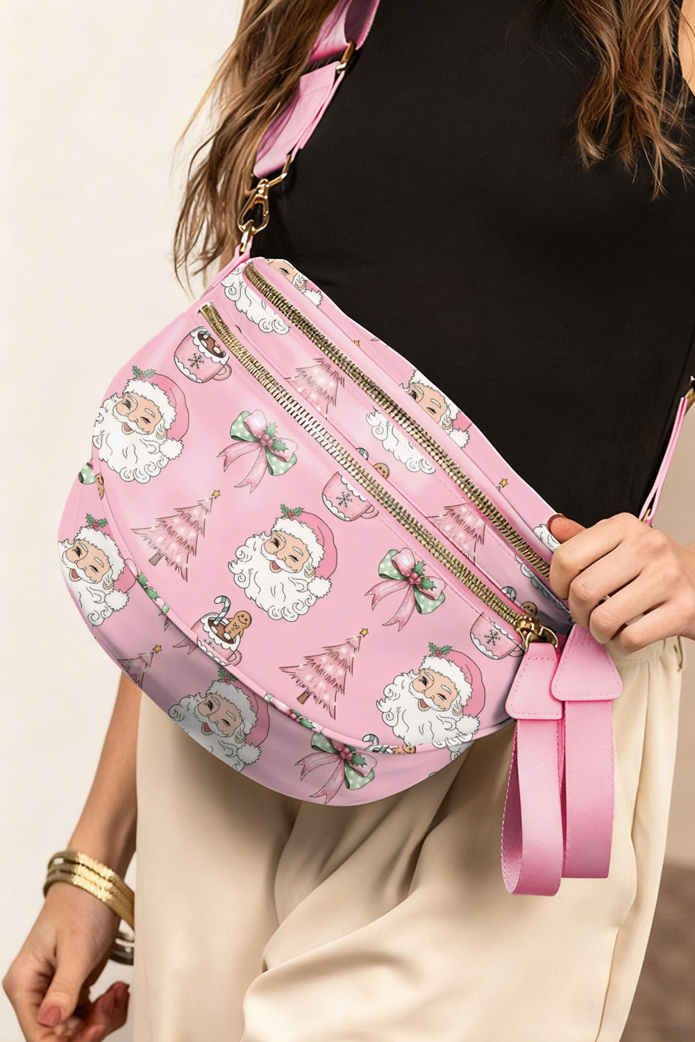 Black Floral Print Multi Pocket Crossbody Bag