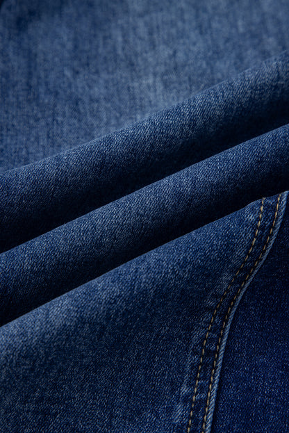 Prussian Blue Drawstring Seam Detail Raw Hem Wide Leg Jeans