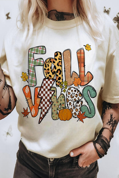 White FALL VIBES Cotton Blend Heat Transfer Printing Casual T Shirt