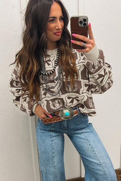 Brown Colorblock Bow Pattern Drop Sleeve Sweater