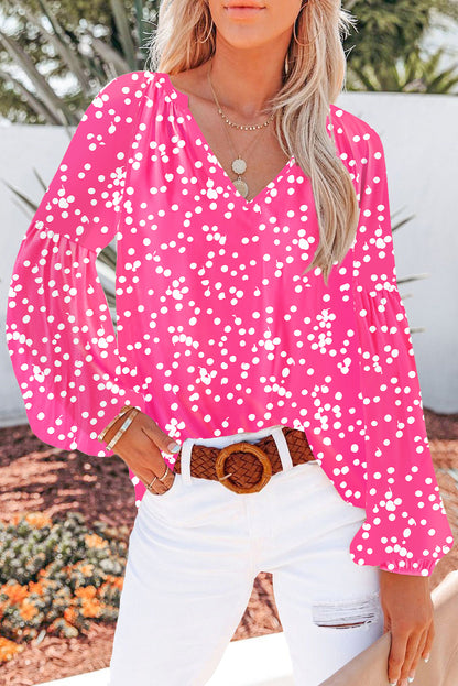Red Boho Floral Print V Neck Long Sleeve Blouse