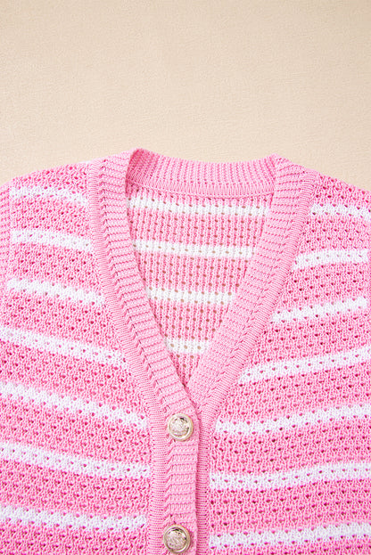Black Striped V Neck Button Knit Vest
