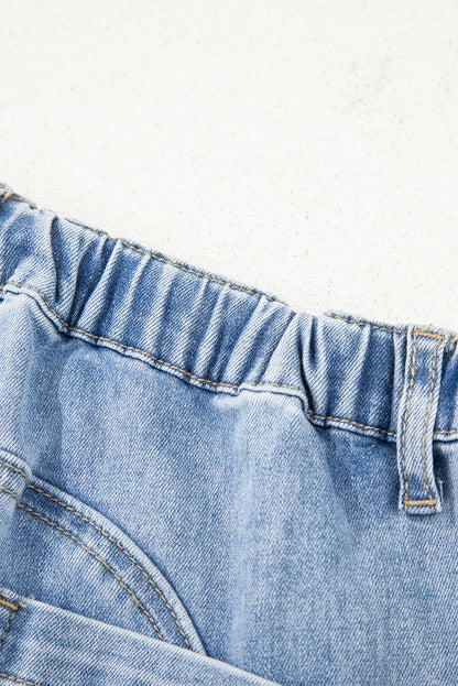 Prussian Blue Drawstring Seam Detail Raw Hem Wide Leg Jeans