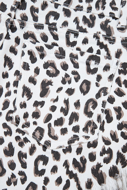 White Leopard Frayed Hem Denim Shorts