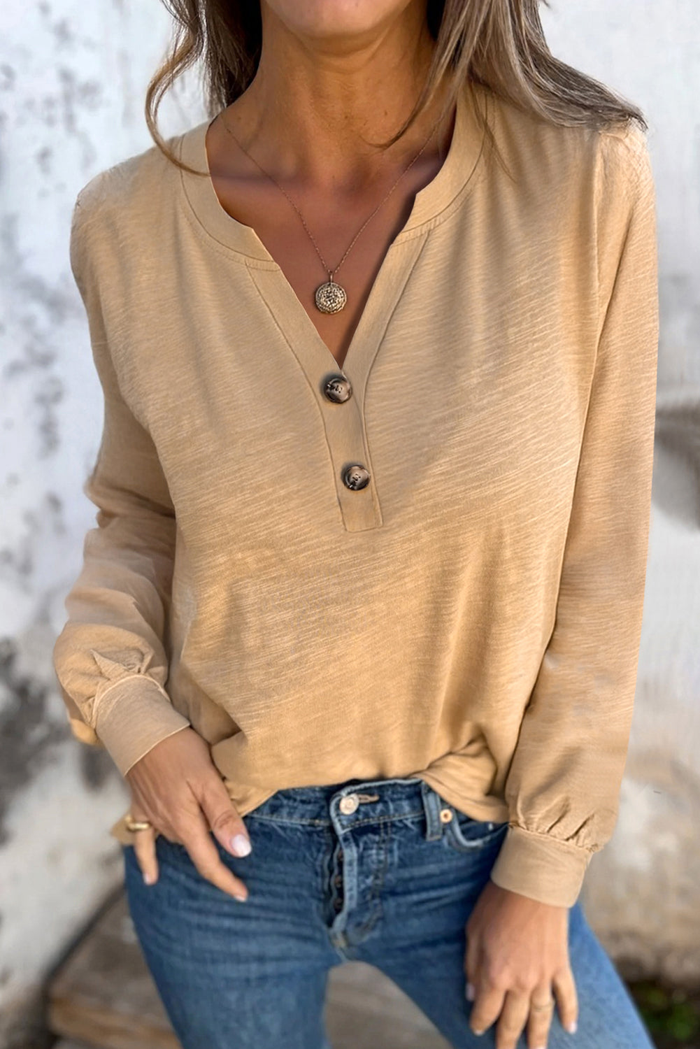 Mist Green Casual Button V Neck Long Sleeve T-Shirt