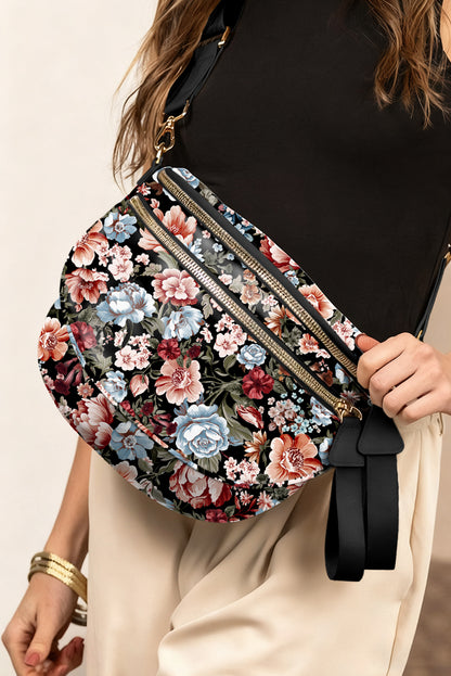 Black Floral Print Multi Pocket Crossbody Bag