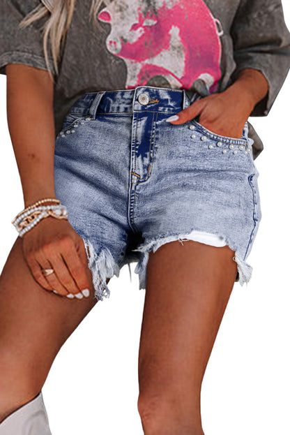 Beau Blue Pearl Studded Pocket Raw Hem Denim Shorts
