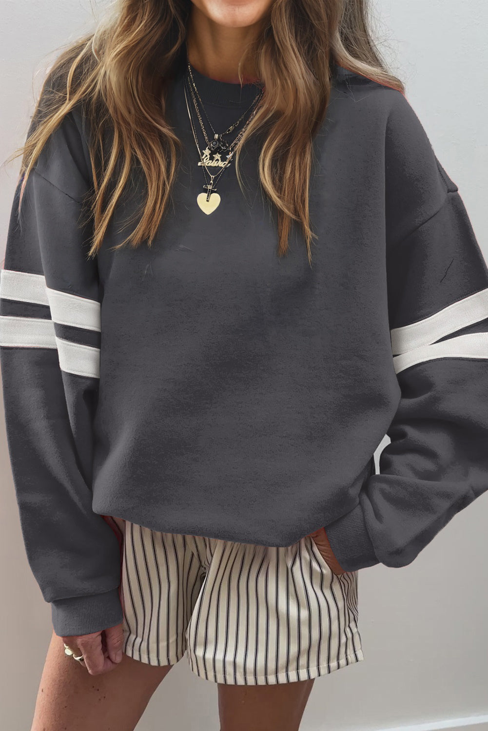Coffee Preppy Striped Sleeve Loose Sweatshirt