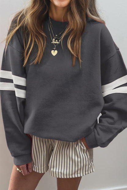 Coffee Preppy Striped Sleeve Loose Sweatshirt
