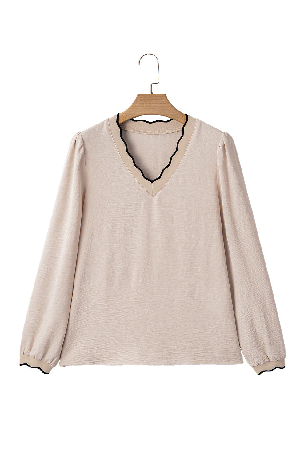 Jet Stream Contrast Scallop Trim V Neck Long Sleeve Top