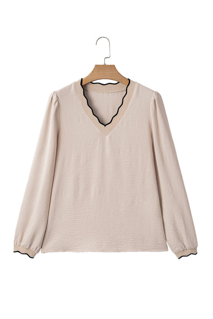 Jet Stream Contrast Scallop Trim V Neck Long Sleeve Top