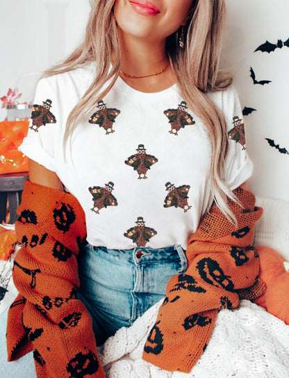 Khaki Turkey Sequin Patch Application Round Neck Graphic Tee
