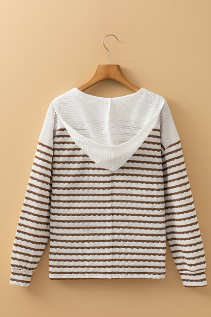 Black Stripe Textured Hooded Long Sleeve Top