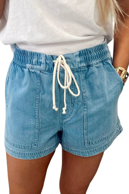 Beau Blue Drawstring Elastic Waist Denim Shorts