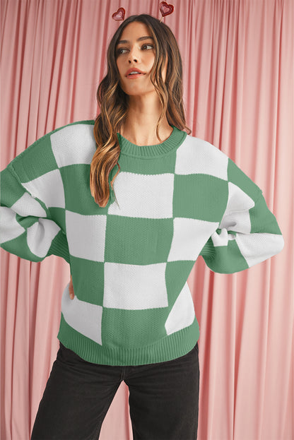 Dark Brown Plaid Bishop Sleeve Pullover Sweater