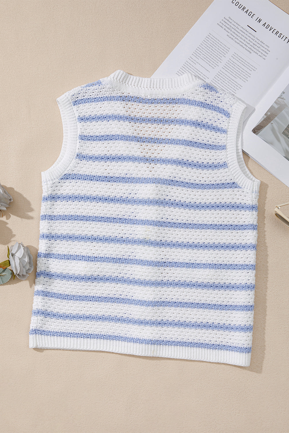 Black Striped V Neck Button Knit Vest