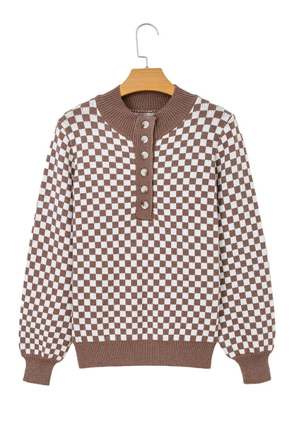 Dark Brown Plaid Contrast Trim Button Neck Sweater