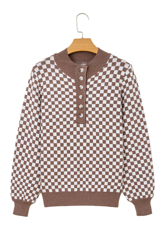 Dark Brown Plaid Contrast Trim Button Neck Sweater