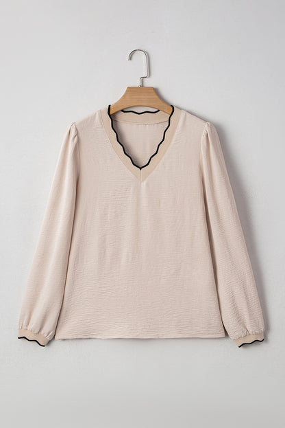 Jet Stream Contrast Scallop Trim V Neck Long Sleeve Top