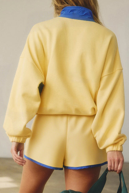 Black Colorblock Patchwork Half Button Pullover and Shorts Outfit