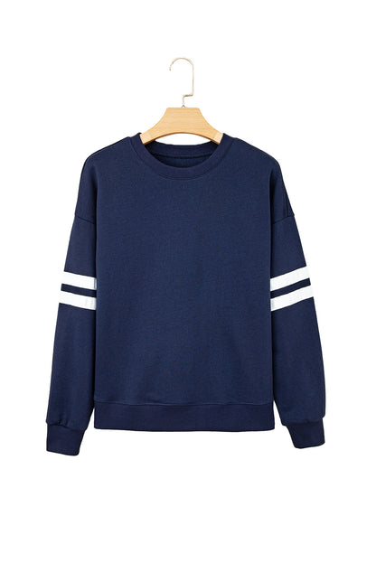 Coffee Preppy Striped Sleeve Loose Sweatshirt