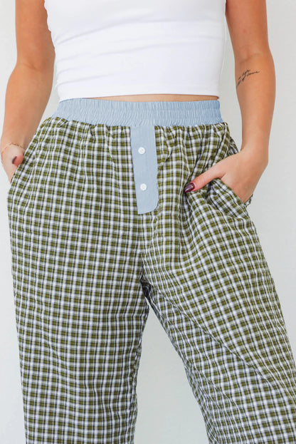 Brown Plaid Button High Waist Patchwork Pants