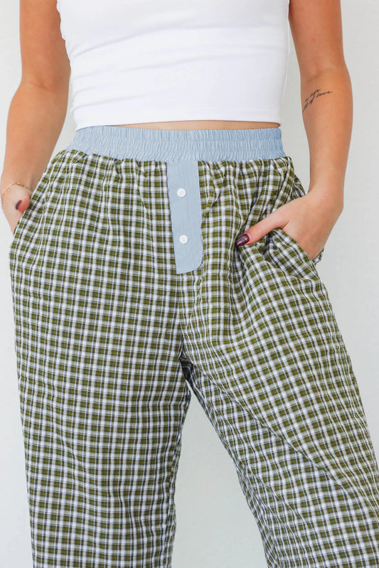 Brown Plaid Button High Waist Patchwork Pants
