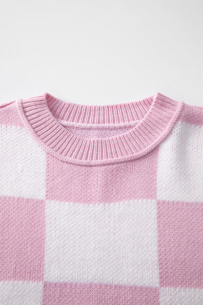 Dark Brown Plaid Bishop Sleeve Pullover Sweater