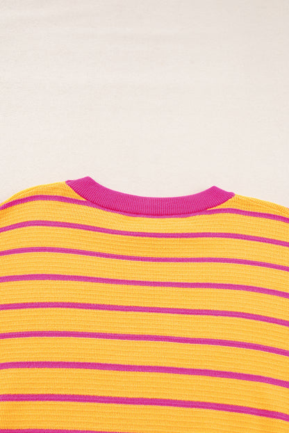 Pink Stripe Round Neck Drop Shoulder Loose Sweater