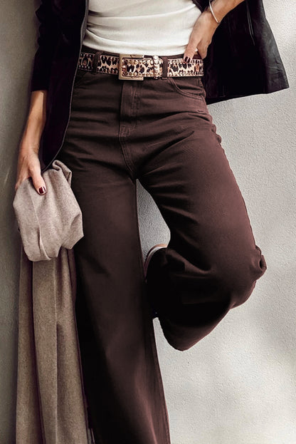 Coffee Solid Color Loose Straight High Waist Jeans