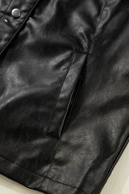 Black Faux Leather Buttoned Front Boxy Jacket