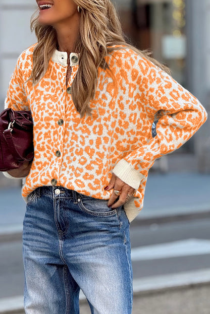 Khaki Leopard Drop Shoulder Knitted Cardigan
