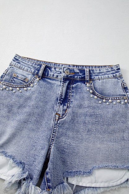 Beau Blue Pearl Studded Pocket Raw Hem Denim Shorts