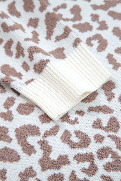 Khaki Leopard Drop Shoulder Knitted Cardigan