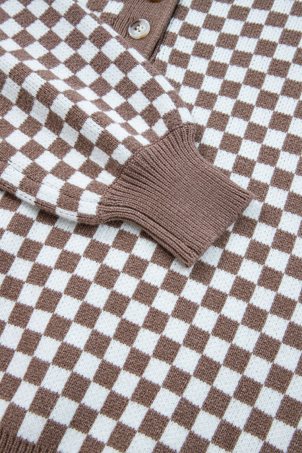 Dark Brown Plaid Contrast Trim Button Neck Sweater