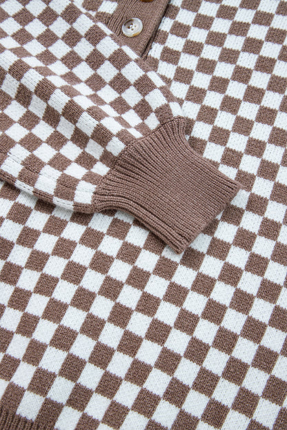 Dark Brown Plaid Contrast Trim Button Neck Sweater