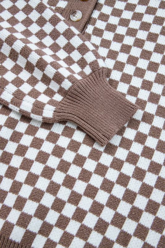 Dark Brown Plaid Contrast Trim Button Neck Sweater