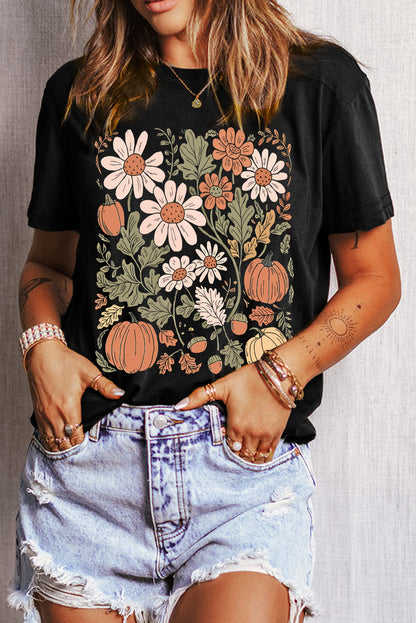 Black Wild Flower Pumpkin Heat Transfer Printing T Shirt