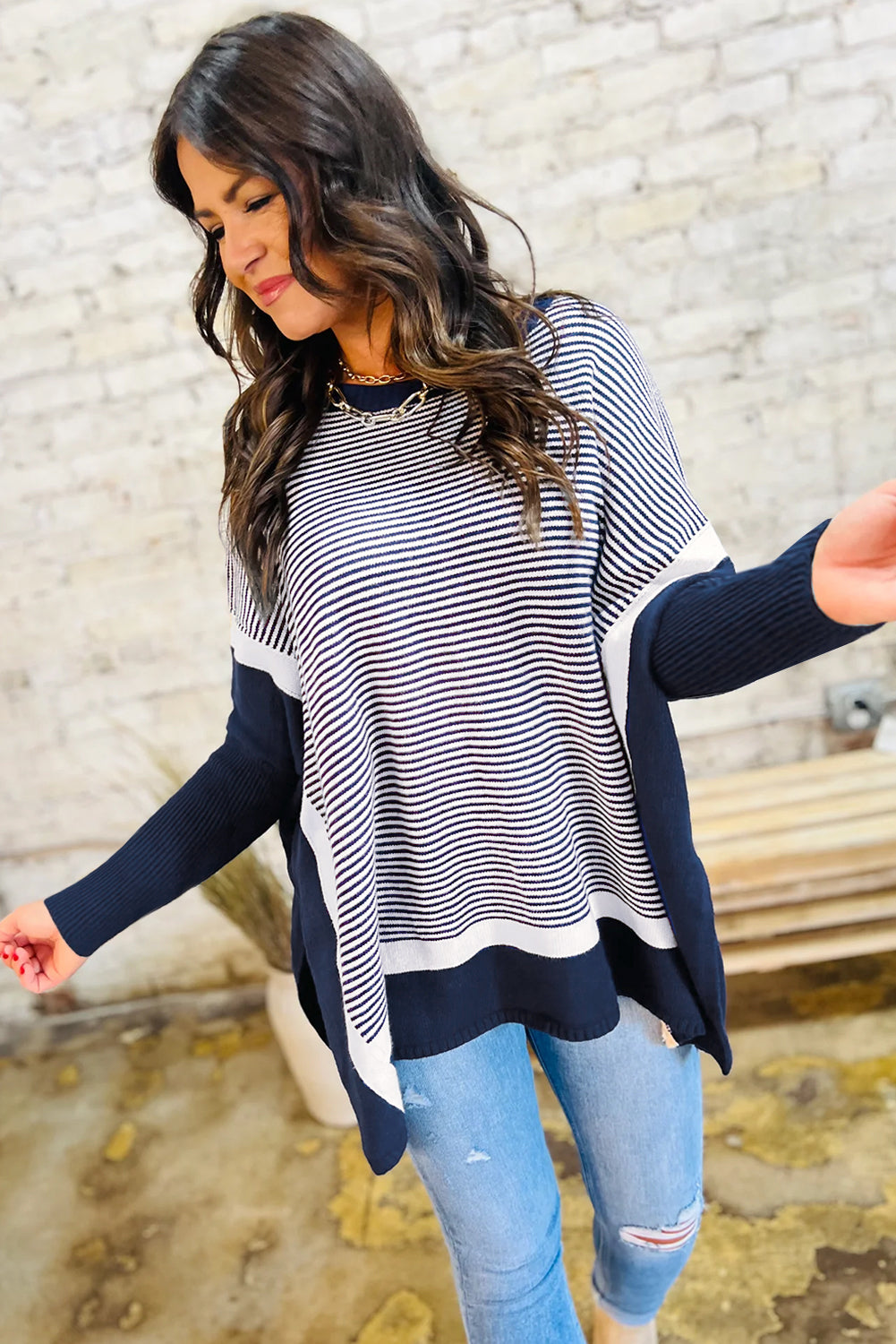 Red Stripe Colorblock Patchwork Dolman Oversize Tunic Sweater
