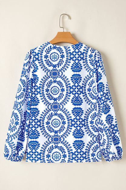 Sky Blue V Neck Puff Sleeve Boho Blouse