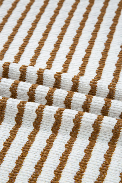 White Stripe Textured Collared Pullover Top and Drawstring Pants Set