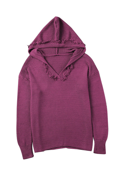 Black Split V Neck Pullover Knit Hooded Sweater