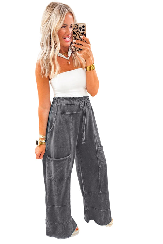 Medium Grey Mineral Wash Knot High Waist Raw Hem Pants