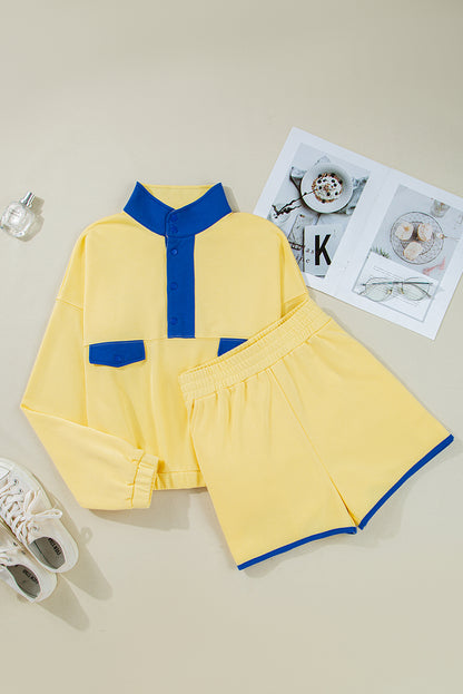 Black Colorblock Patchwork Half Button Pullover and Shorts Outfit