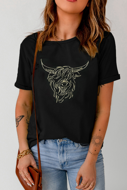 Black Vintage Bull Head Embroidered Pattern T Shirt